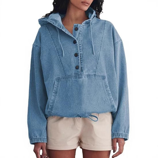 Damen Denim-Hoodie mit halber Knopfleiste, Kängurutasche und Tunnelzugsaum Echo Archiv