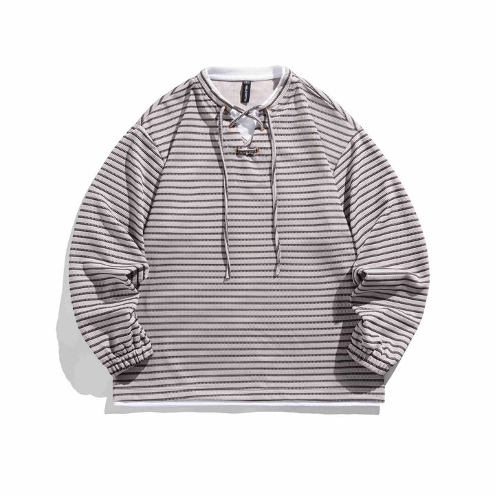 Unisex Gestreifter Waffelstruktur-Pullover mit Schnürverschluss und Raglanärmeln Echoarchiv