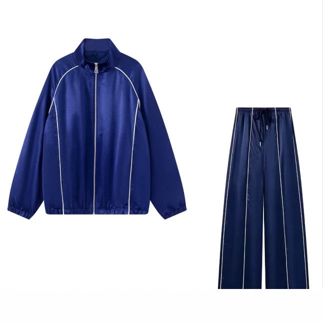 Damen Zweiteiliges Satin-Trainingsset mit Reißverschlussjacke und weitem Trackpant Echoarchiv