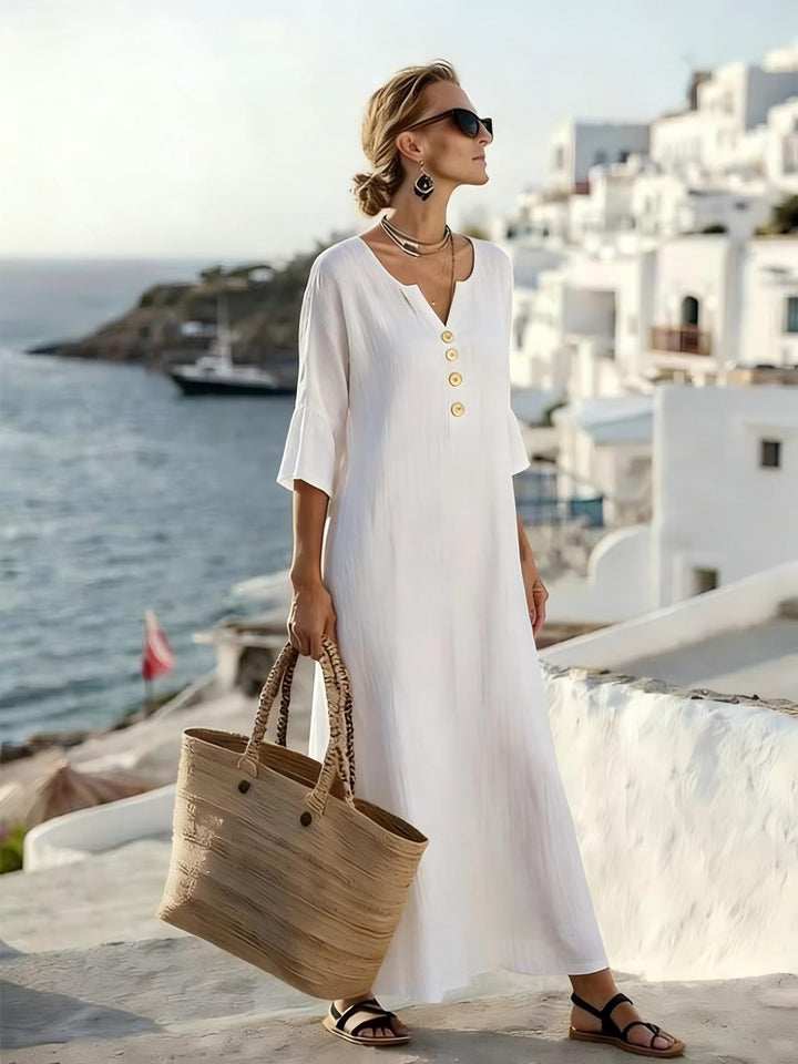 Frauen Relaxed V-Ausschnitt Knopf-Front Maxi Kaftan Kleid Echoarchiv