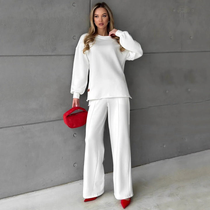 Damen eleganter Lounge-Zweiteiler mit Oversize-Sweatshirt und taillierter Weitbein-Hose – Avérine