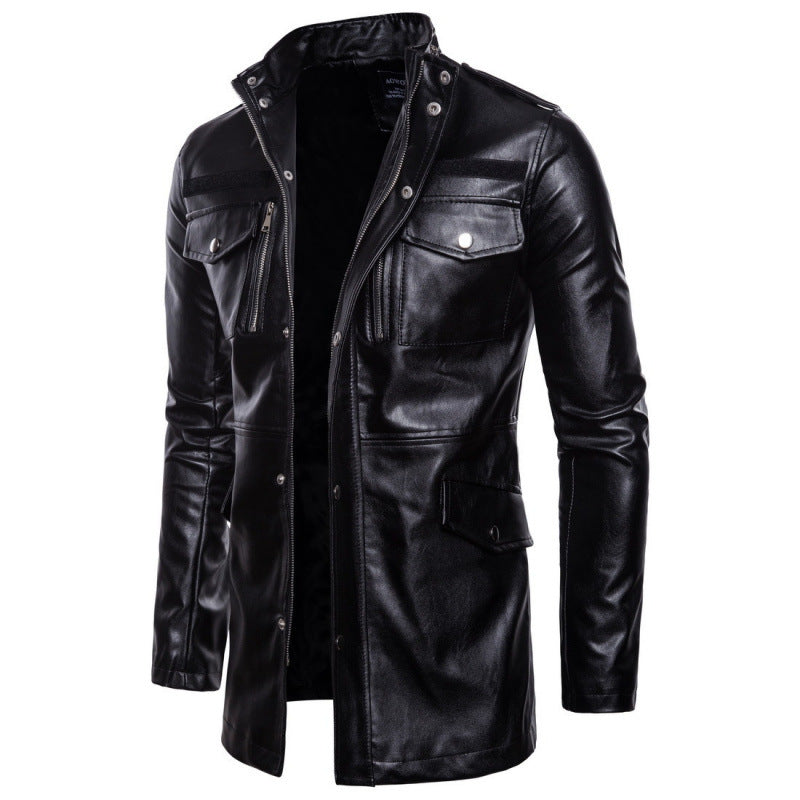 Herren modischer Leder-Trenchcoat mit praktischen Taschen und doppeltem Reißverschluss Echoarchiv
