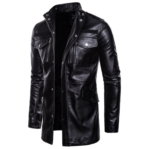 Herren modischer Leder-Trenchcoat mit praktischen Taschen und doppeltem Reißverschluss Echoarchiv
