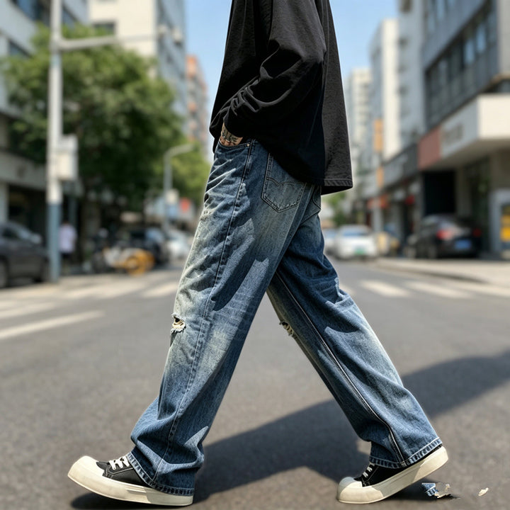 Herren Lässige Weit Geschnittene Ripped Jeans Echoarchiv