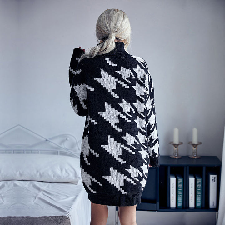 Damen Strick-Minikleid mit Hahnentritt-Jacquard, Rollkragen und taillenbetonter Gürteloptik Echoarchiv