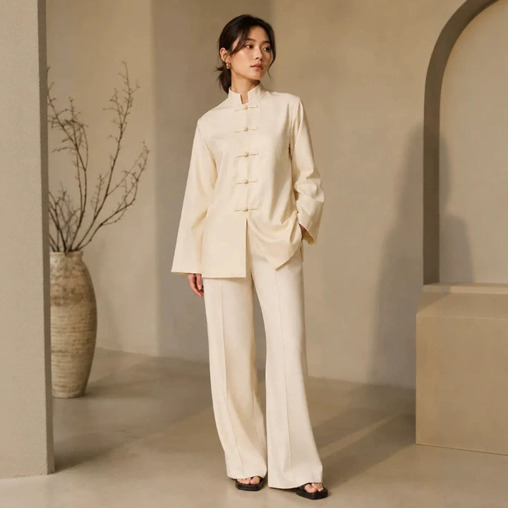 Damen Mandarin-Kragen Tunikajacke mit Knotenverschlüssen und weiter Palazzo-Hose Echoarchiv
