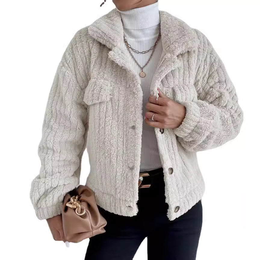Damen nan kuschelige Teddyjacke mit Hemdkragen, Druckknopfverschluss und aufgesetzten Brusttaschen Echo Archiv
