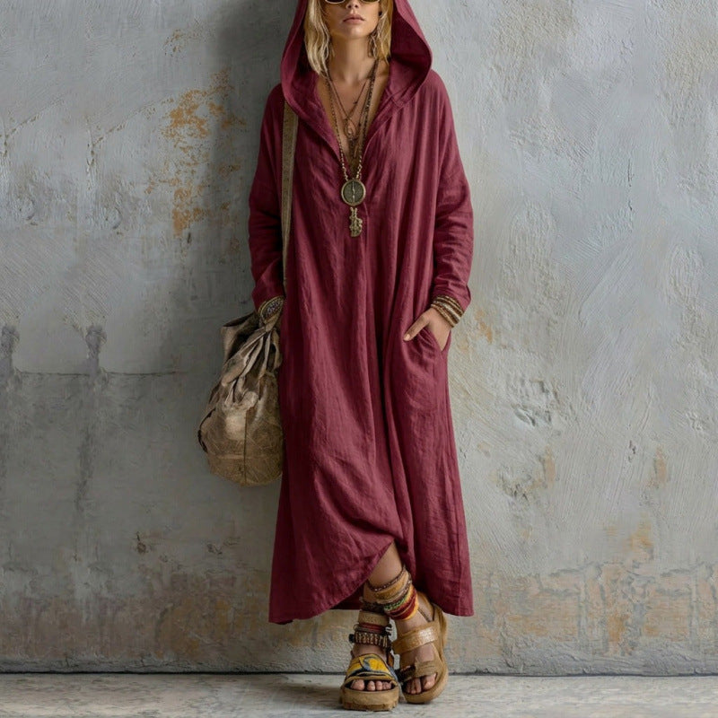 Damen Langes Kapuzenkleid im Boho-Look mit V-Ausschnitt, Eingrifftaschen und lockerem Fall Echoarchiv