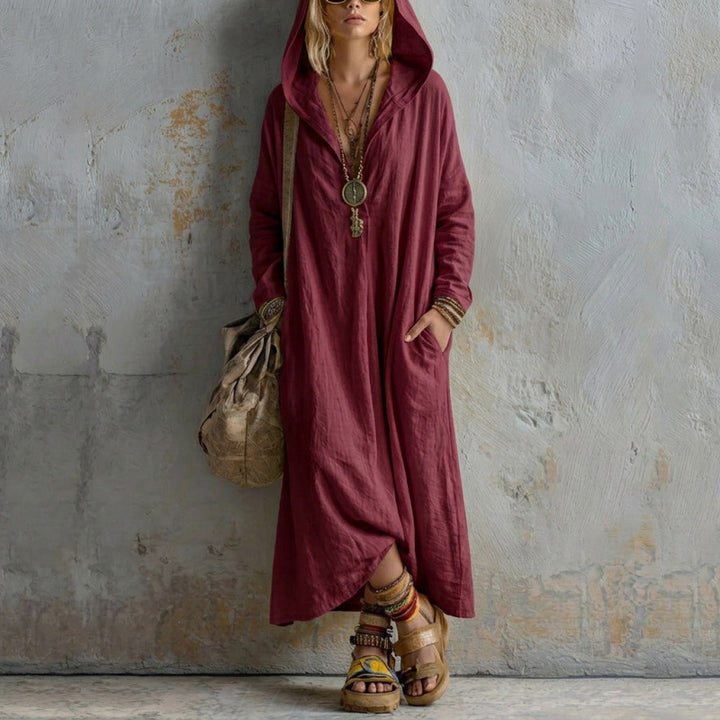 Damen Langes Kapuzenkleid im Boho-Look mit V-Ausschnitt, Eingrifftaschen und lockerem Fall Echoarchiv