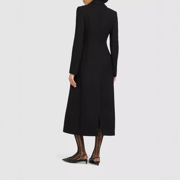 Damen Doppelreihiges tailliertes Blazerkleid mit Maxi‑Länge und Pattentaschen Echoarchiv