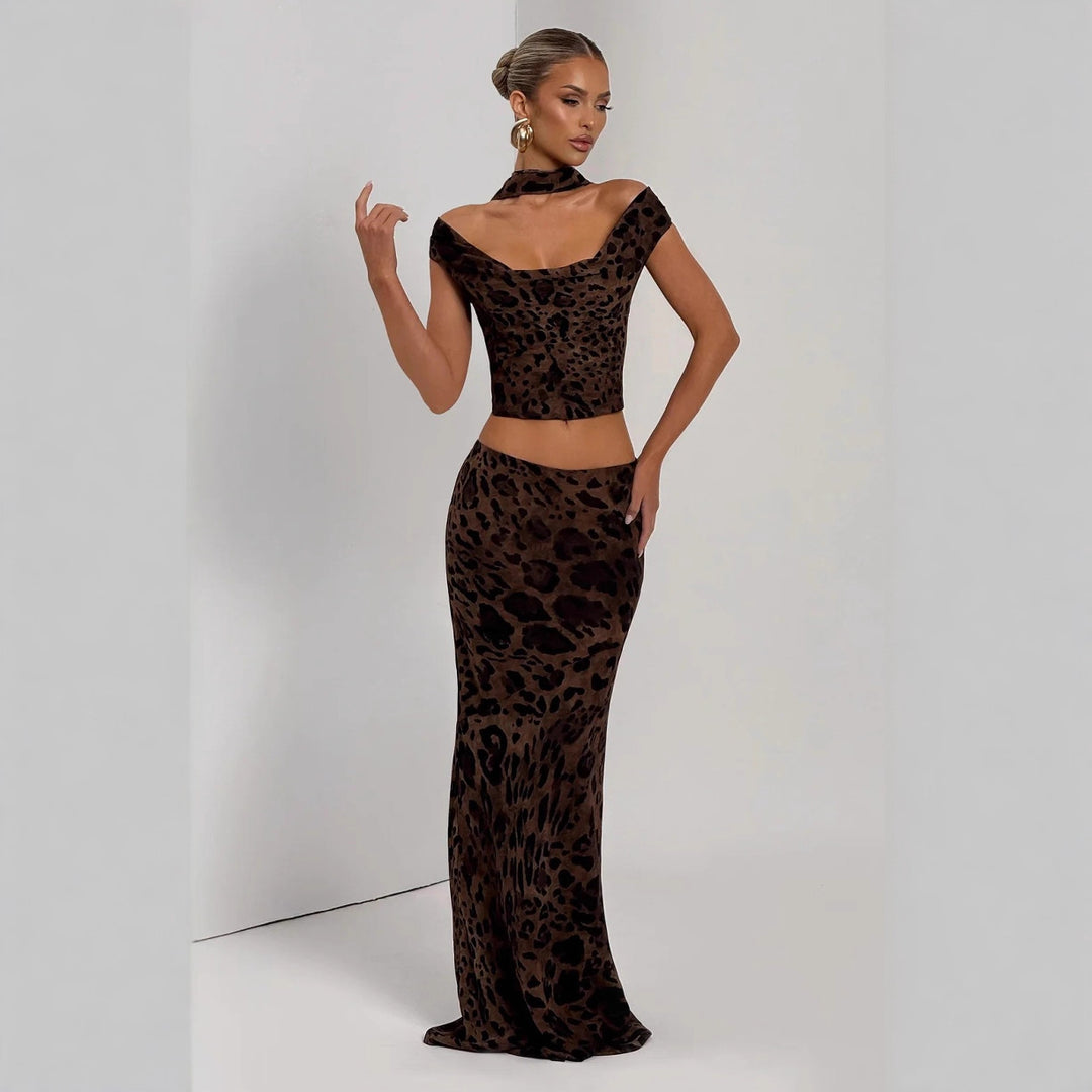 Damen Elegantes Set aus Crop-Top und Maxirock mit Leopardenmuster Echo Archiv