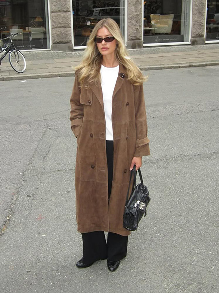 Damen Langer Wildleder‑Trenchcoat mit doppelreihiger Knopfleiste Echoarchiv