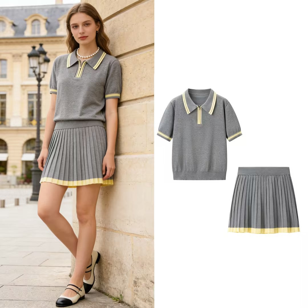 Damen Zweiteiliges Strick-Set mit Poloshirt und plissiertem Midirock Echo Archiv