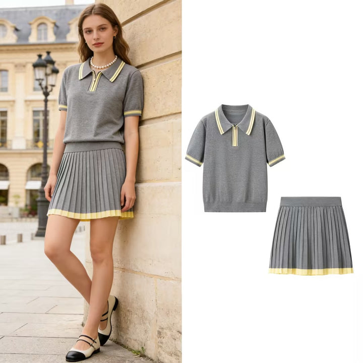 Damen Zweiteiliges Strick-Set mit Poloshirt und plissiertem Midirock Echo Archiv