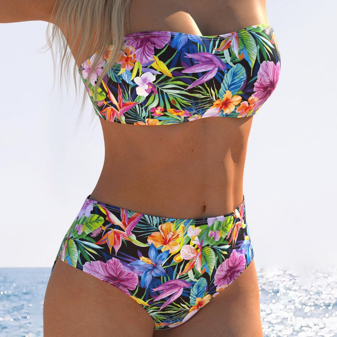 Damen Bandeau-Bikini mit hohem Taillenschnitt und buntem Tropenmotiv Echo Archiv