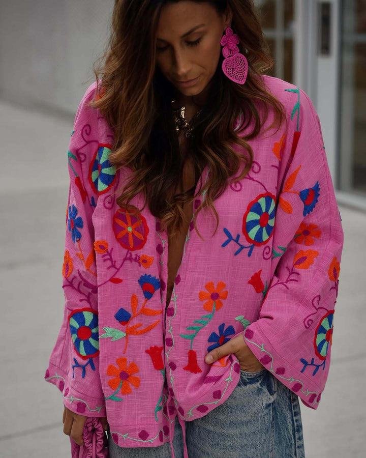 Damen Oversize Leichte Baumwoll-Cardiganjacke mit farbenfroher Blumenstickerei Echoarchiv