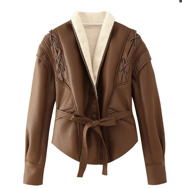 Damen 100+ kurze Wickeljacke mit Bindegürtel und Ösen‑Schnürdetail Echo Archiv