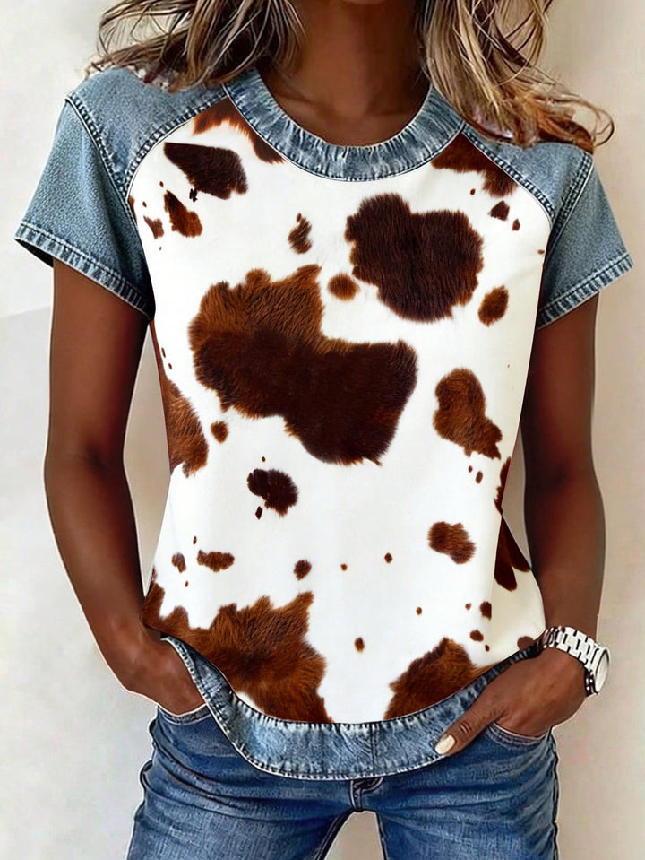 Damen Kurzarmshirt mit Jeans-Einsätzen und Teddy-Patchprint Echo Archiv