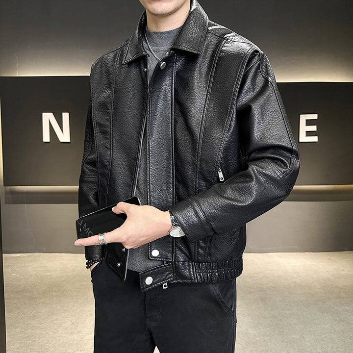 Herren Kurzer Oversized Lederimitat-Blouson mit Stehkragen, Reißverschluss und elastischem Saum Echoarchiv