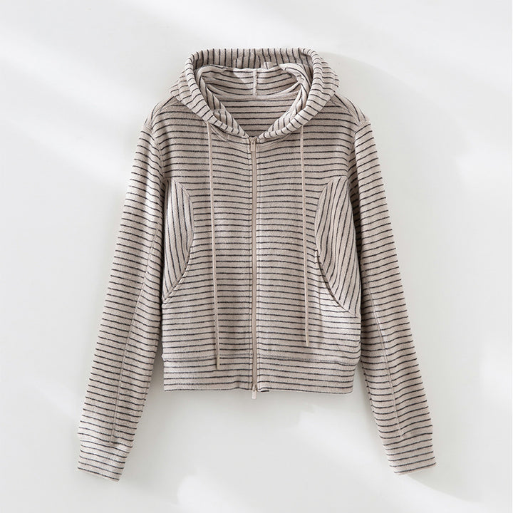 Damen Gestreifte Kapuzen-Zip-Strickjacke mit Eingrifftaschen und schmalem Rippbündchen Echoarchiv