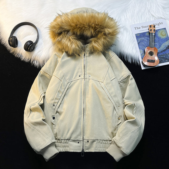 Unisex Wattierte Bomberjacke mit großer Kapuze und Kunstfellbesatz Echoarchiv