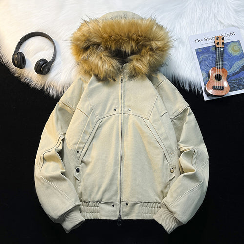 Unisex Wattierte Bomberjacke mit großer Kapuze und Kunstfellbesatz Echoarchiv