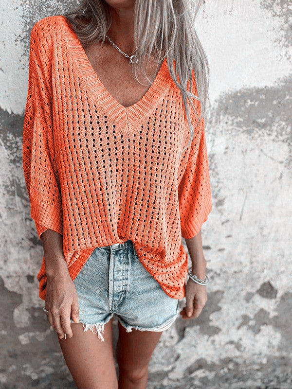 Damen nan luftig gestrickter V-Ausschnitt Pullover im Oversize-Schnitt Echo Archiv