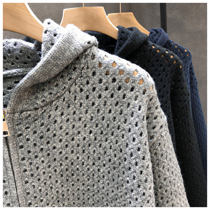 Unisex Leichte Lochstrick-Kapuzenzipjacke mit Ajourmuster Echoarchiv