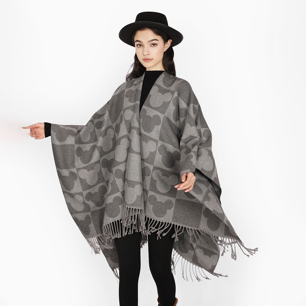 Damen Oversize-Capeponcho mit Jacquard-Motiv und Fransen Echo Archiv