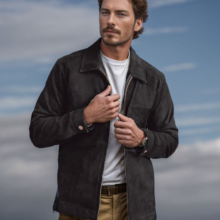 Herren modische Wildlederjacke mit Reißverschluss und Brusttasche Echoarchiv