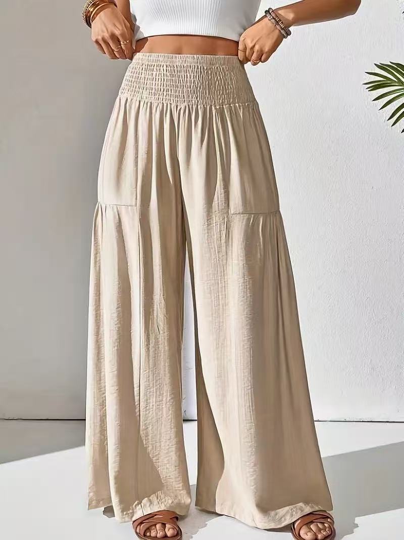 Damen weite Palazzo-Hose mit gerafftem Smock-Bund und Stufendetails – Avélisse