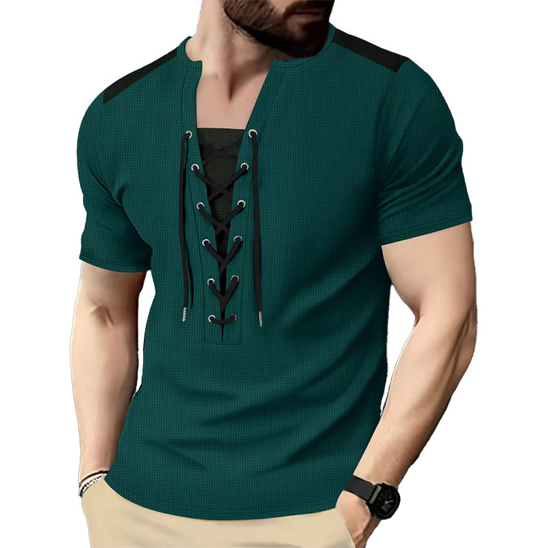 Herren Kurzarm-Henley-T-Shirt mit dekorativen Schnürdetails und atmungsaktiver Struktur Echoarchiv