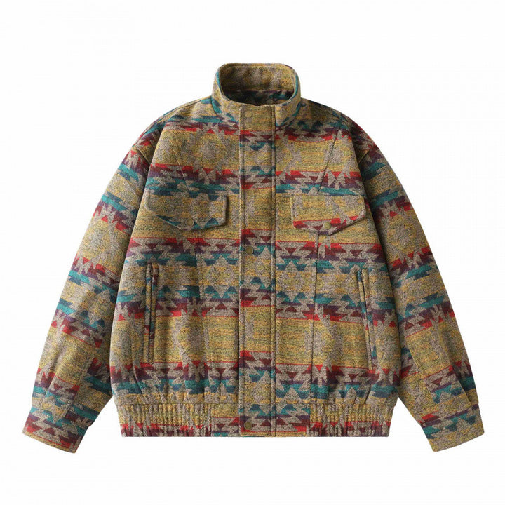 Unisex Kastenförmige Jacquard-Wolljacke im Bomberstil mit Stehkragen, Pattentaschen und elastischem Saum Echo Archiv