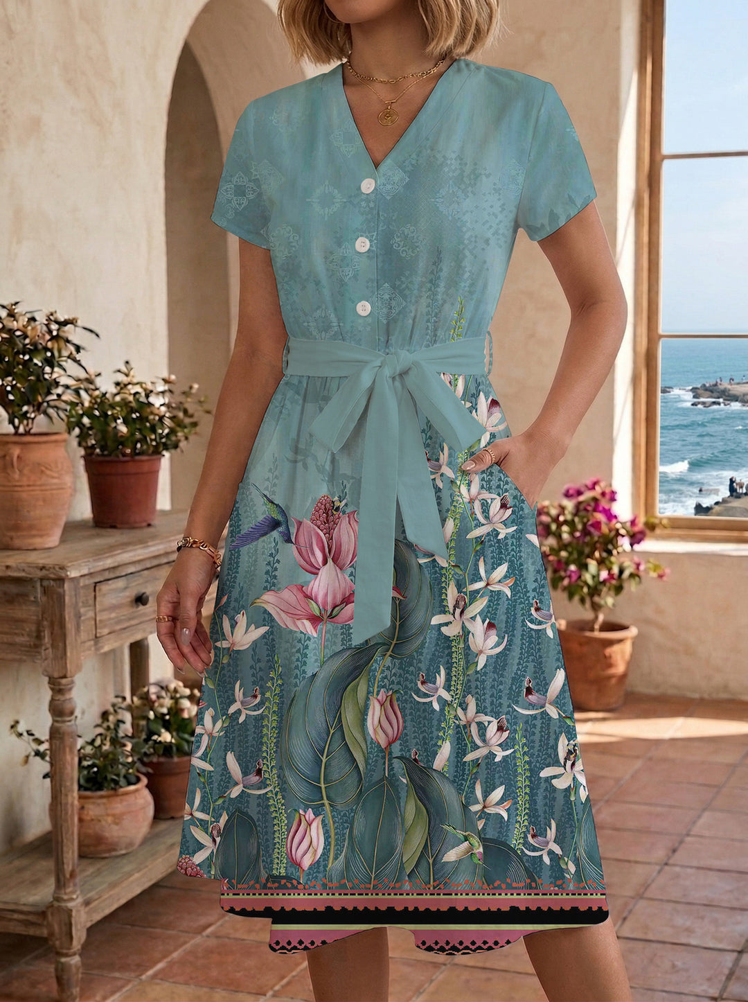Damen Blühendes Midikleid mit taillierbarem Gürtel und kunstvollem Print Echo Archiv