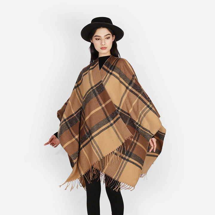 Damen Rechteckiger Plaid‑Überwurf mit weichem Wollmix und Fransensaum – Avérine