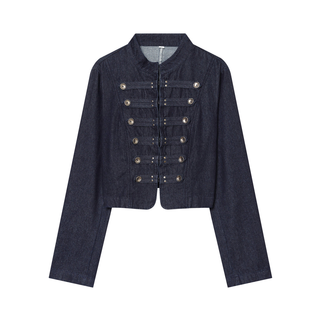 Damen Cropped Denim‑Militärjacke mit Stehkragen und dekorischer Zierknopfleiste Echoarchiv