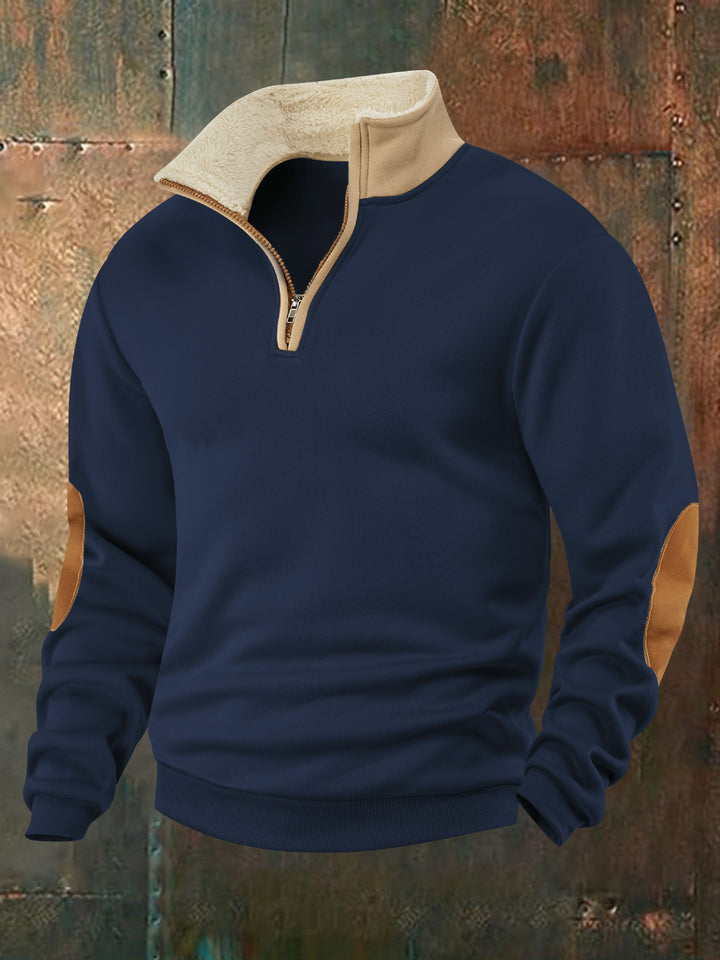 Herren Fleece-Pullover mit hochabschließendem Kragen und modischen Lederapplikationen Echoarchiv