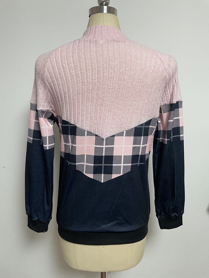 Damen nan weichgriffiger Sweatpullover mit Kurzreißverschluss, Stehkragen und Karopaneel Echo Archiv