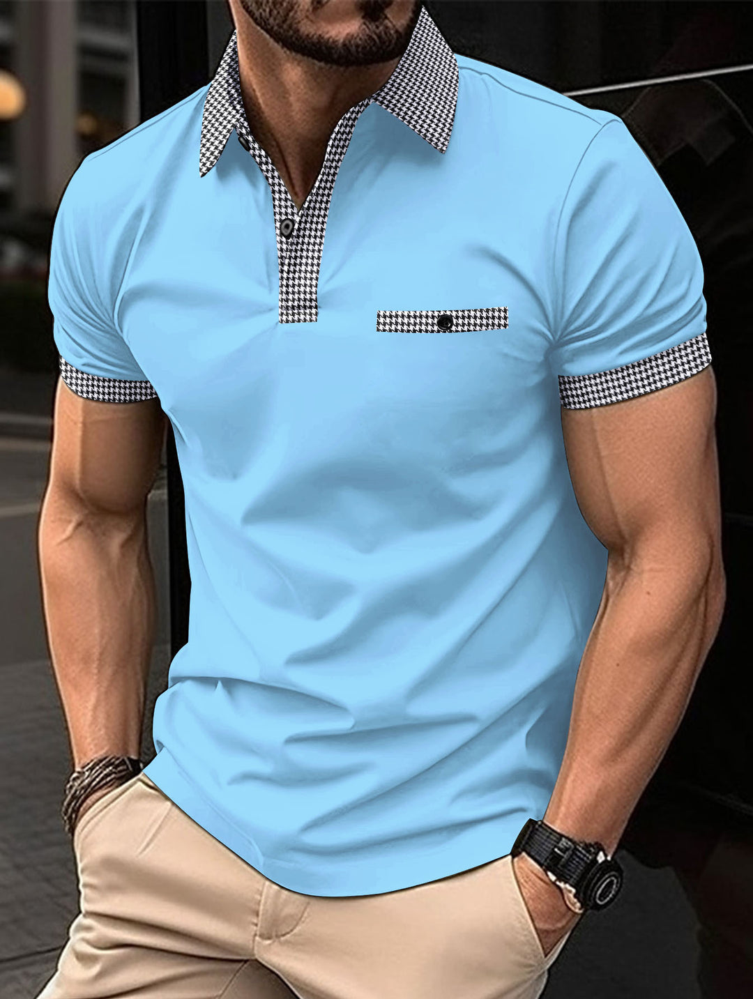 Herren Poloshirt mit kariertem Kragen und praktischer Brusttasche Echoarchiv