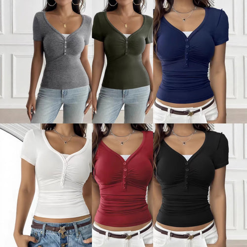 Damen figurbetontes Kurzarmshirt mit Knopfleiste und Raffung Echo Archiv