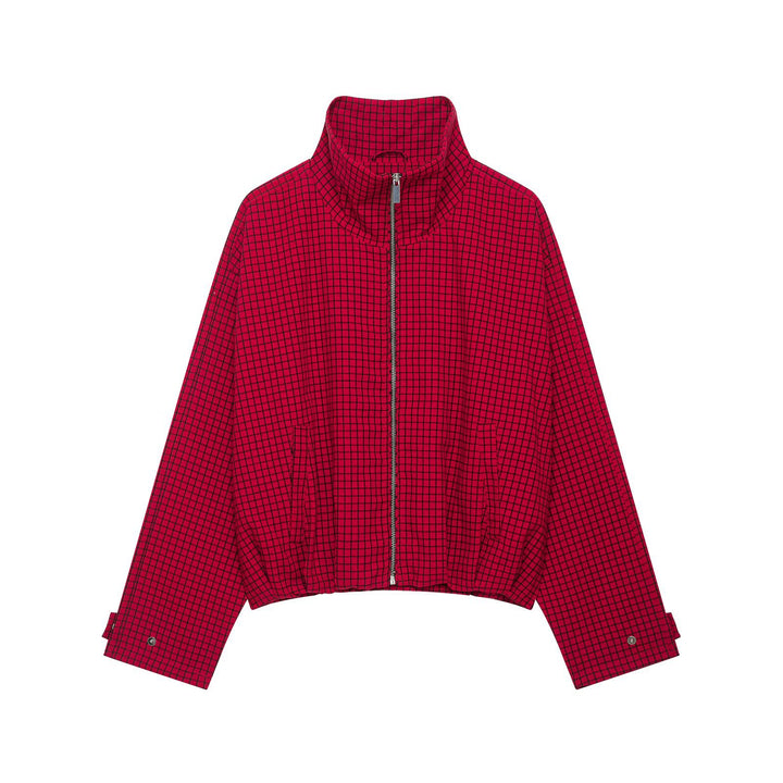 Damen Karierte Cropped-Boxy-Übergangsjacke mit hohem Stehkragen und Reißverschluss Echoarchiv