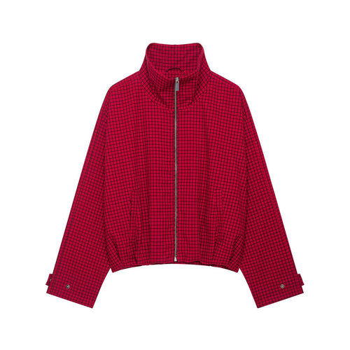 Damen Karierte Cropped-Boxy-Übergangsjacke mit hohem Stehkragen und Reißverschluss Echoarchiv