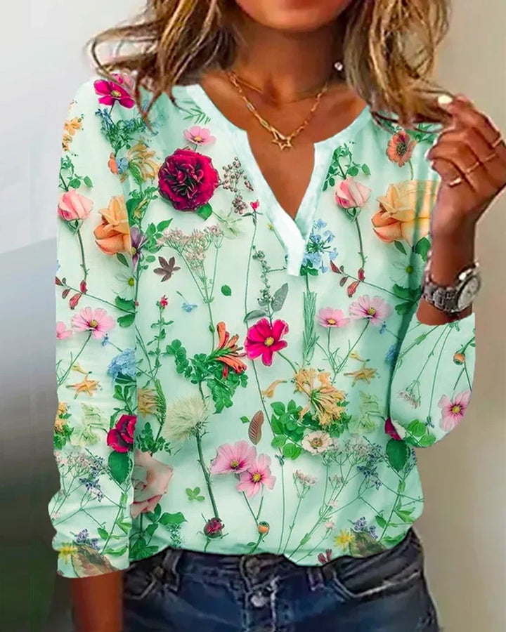 Damen Floral Lange Bluse im Chiffon-Look mit V-Schlitz und Lässiger Silhouette Echoarchiv