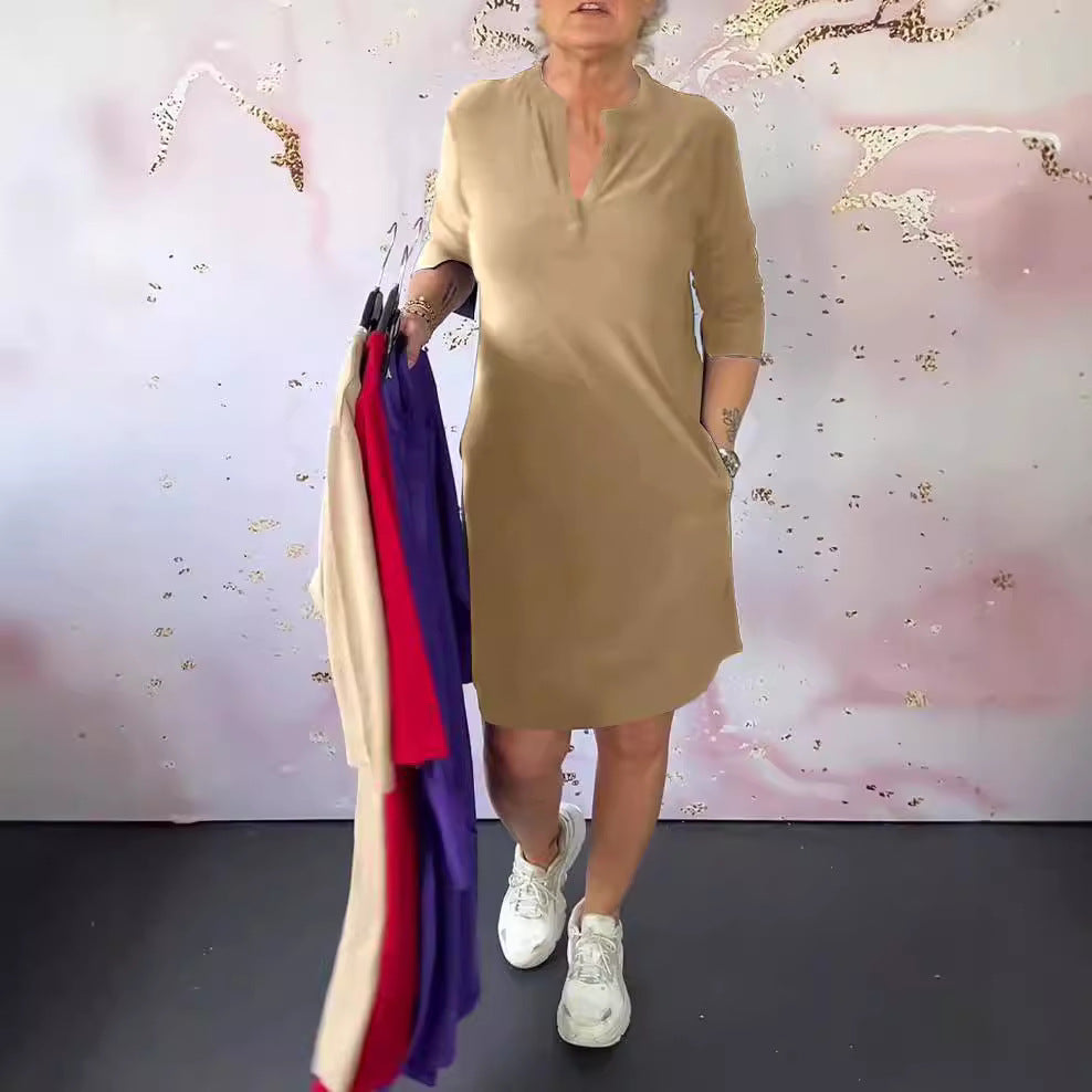Damen nan legeres knielanges Shiftkleid aus elastischem Jersey mit Stehkragen und V-Ausschnitt Echo Archiv