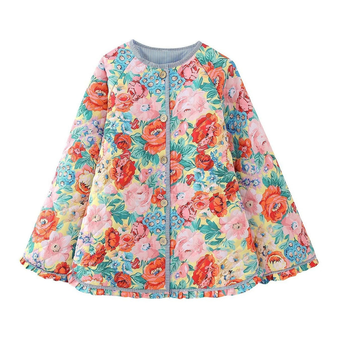 Damen nan gesteppte Swingjacke mit Blumenquilt Rundhals und Rüschensaum Echo Archiv