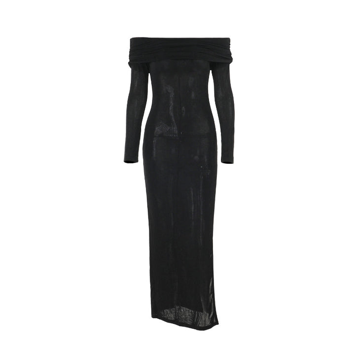 Damen schulterfreies Maxikleid mit eleganter Drapierung und transparentem Oberteil Echo Archiv