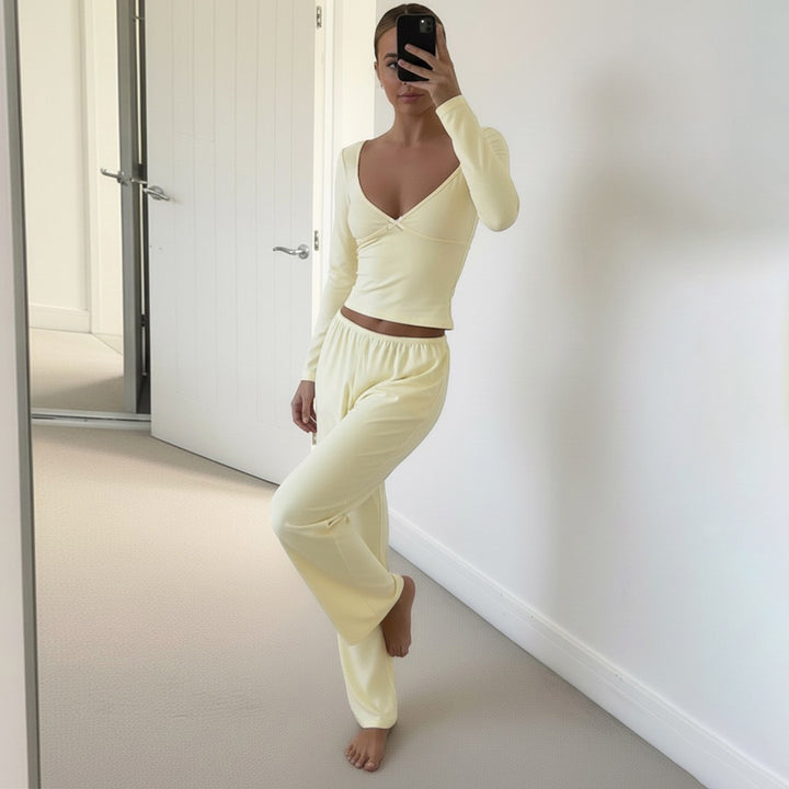 Damen Zweiteiliges Lounge-Set aus weichem Jersey mit Cropped V-Ausschnitt Oberteil und hochtaillierter Palazzohose – Élanora