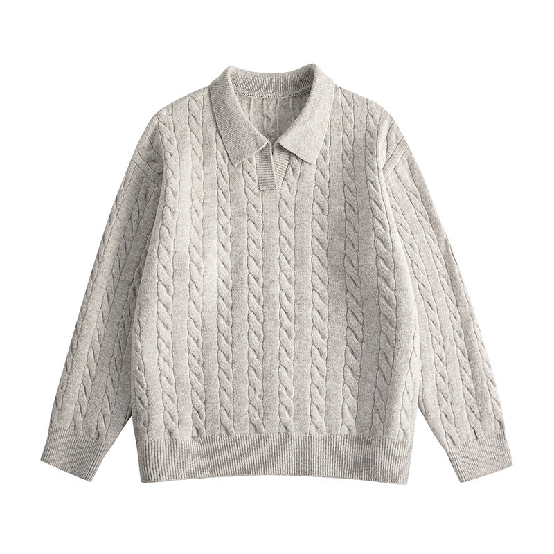 Damen Oversize Kabelstrick-Polo-Pullover mit V‑Ausschnitt und geripptem Saum Echoarchiv