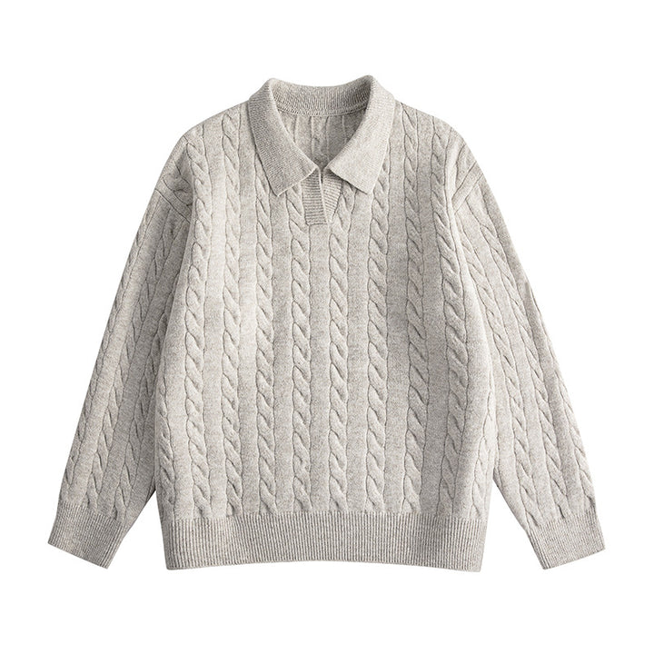 Damen Oversize Kabelstrick-Polo-Pullover mit V‑Ausschnitt und geripptem Saum Echoarchiv