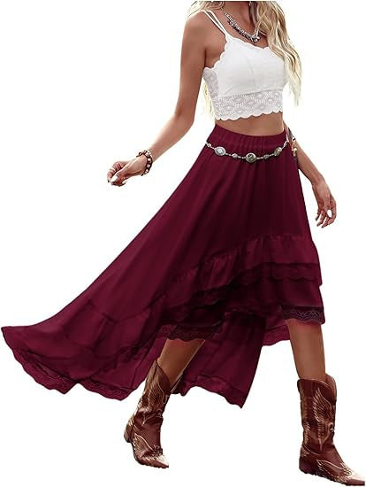 Damen Boho Maxi-Rock mit asymmetrischem Saum und Spitzenverzierungen Echo Archiv